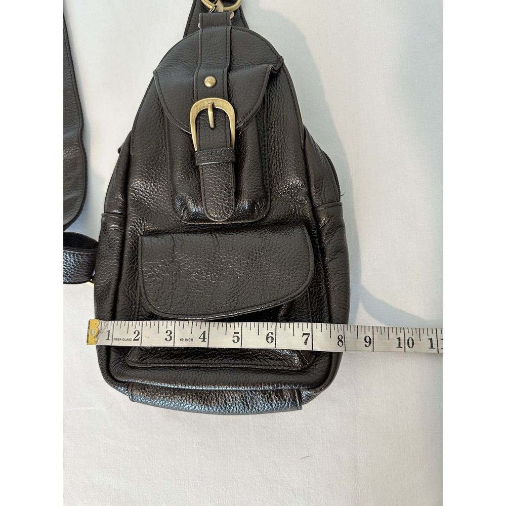 Black Leather Messenger Sling Bag with Gold Buckle - Picture 6 of 8